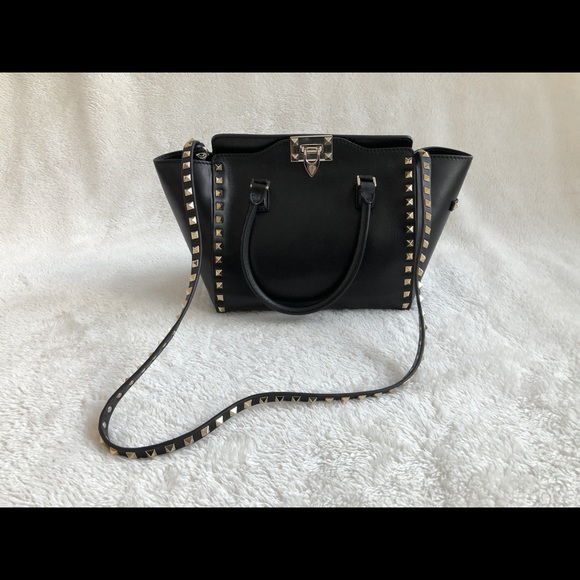 VALENTINO GARAVANI Black Rockstud Trapeze Tote Shoulder Bag Handbag - Picture 3 of 8
